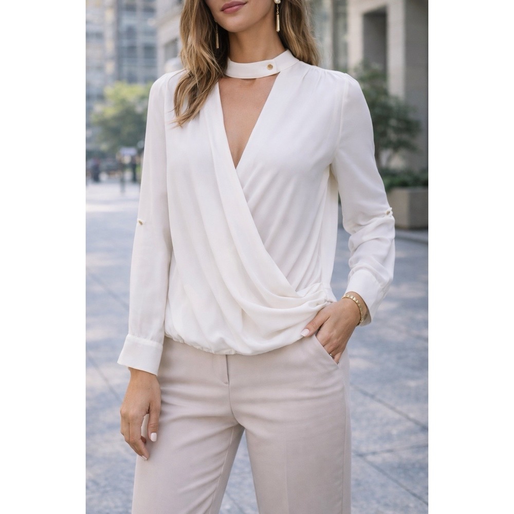 Ro & De White Surplice Wrap Blouse Women's Large Choker Neck Long Sleeve Top